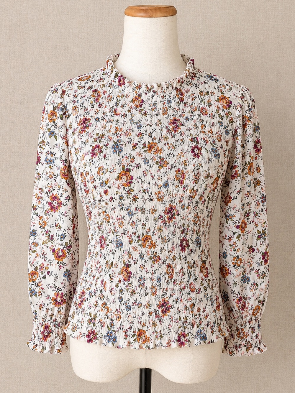Veronica Beard Smocked Floral Cotton Blouse Ivory Brown Size 0